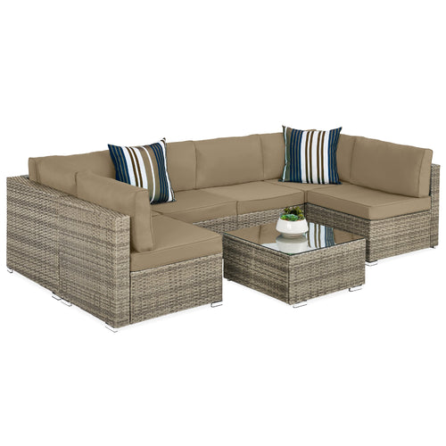 7-Piece Modular Wicker Sectional Conversation Set w/ 2 Pillows, Cover