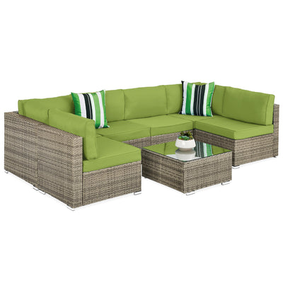 7-Piece Modular Wicker Sectional Conversation Set w/ 2 Pillows, Cover