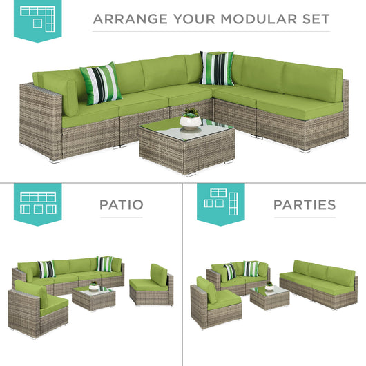 7-Piece Modular Wicker Sectional Conversation Set w/ 2 Pillows, Cover