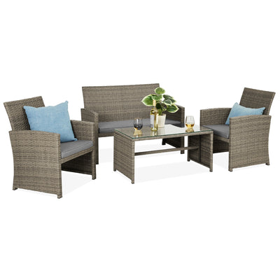 4-Piece Outdoor Wicker Conversation Patio Set w/ 4 Seats, Glass Table Top