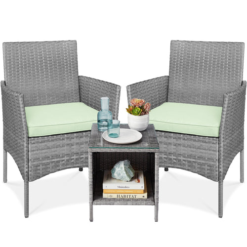 3-Piece Outdoor Patio Wicker Bistro Set w/ Side Storage Table