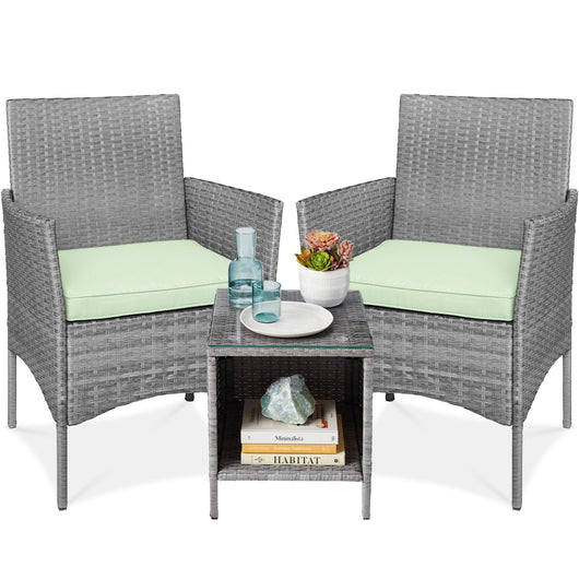 3-Piece Outdoor Patio Wicker Bistro Set w/ Side Storage Table