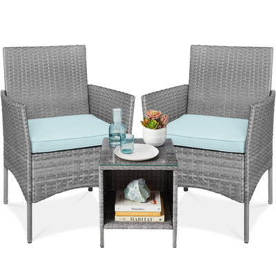 3-Piece Outdoor Patio Wicker Bistro Set w/ Side Storage Table