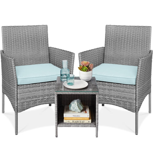 3-Piece Outdoor Patio Wicker Bistro Set w/ Side Storage Table
