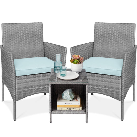 3-Piece Outdoor Patio Wicker Bistro Set w/ Side Storage Table