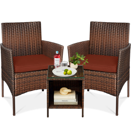 3-Piece Outdoor Patio Wicker Bistro Set w/ Side Storage Table