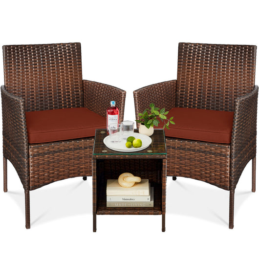 3-Piece Outdoor Patio Wicker Bistro Set w/ Side Storage Table