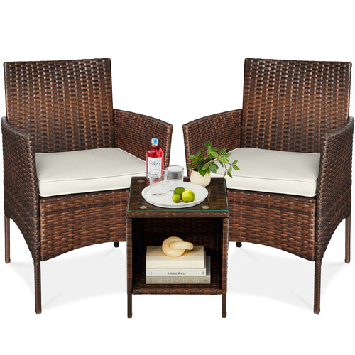3-Piece Outdoor Patio Wicker Bistro Set w/ Side Storage Table