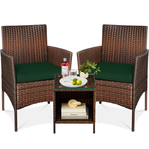 3-Piece Outdoor Patio Wicker Bistro Set w/ Side Storage Table