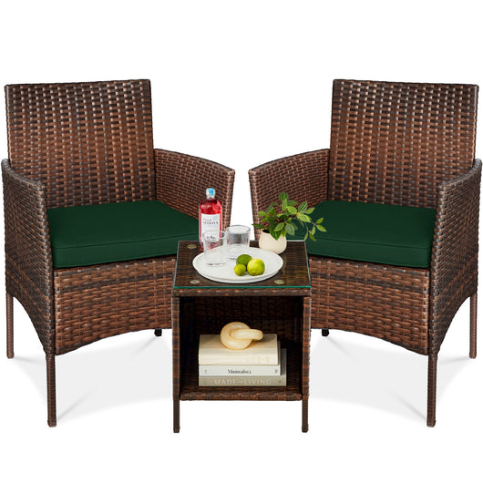 3-Piece Outdoor Patio Wicker Bistro Set w/ Side Storage Table