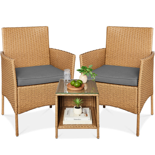 3-Piece Outdoor Patio Wicker Bistro Set w/ Side Storage Table