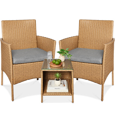3-Piece Outdoor Patio Wicker Bistro Set w/ Side Storage Table