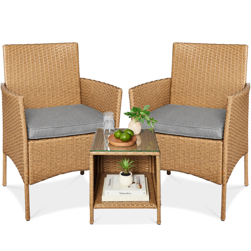 3-Piece Outdoor Patio Wicker Bistro Set w/ Side Storage Table