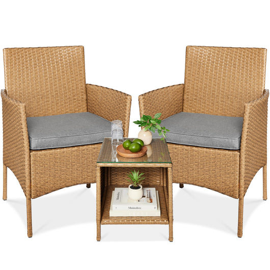 3-Piece Outdoor Patio Wicker Bistro Set w/ Side Storage Table