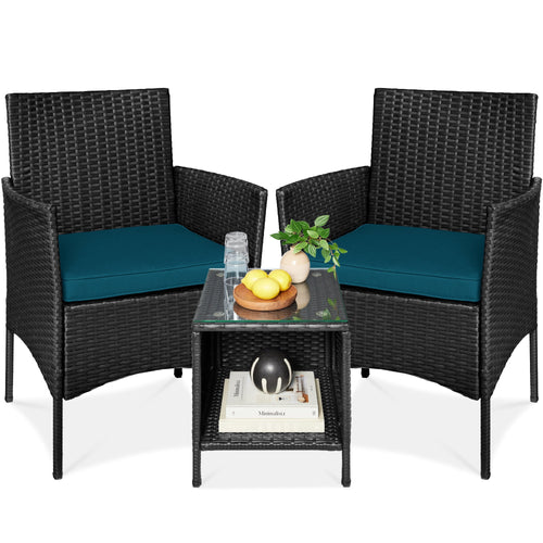 3-Piece Outdoor Patio Wicker Bistro Set w/ Side Storage Table