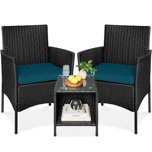 3-Piece Outdoor Patio Wicker Bistro Set w/ Side Storage Table