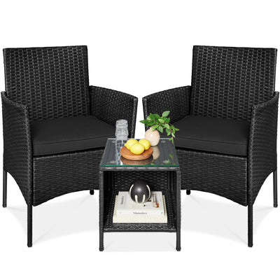3-Piece Outdoor Patio Wicker Bistro Set w/ Side Storage Table