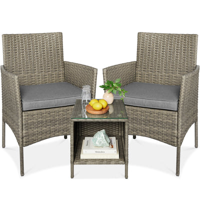3-Piece Outdoor Patio Wicker Bistro Set w/ Side Storage Table