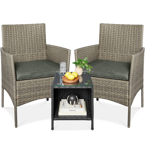 3-Piece Outdoor Patio Wicker Bistro Set w/ Side Storage Table