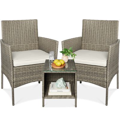 3-Piece Outdoor Patio Wicker Bistro Set w/ Side Storage Table