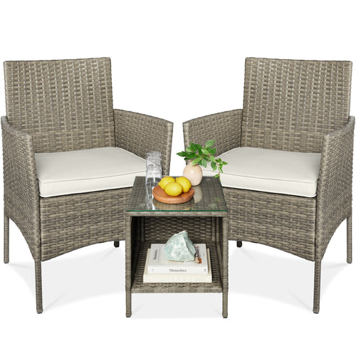 3-Piece Outdoor Patio Wicker Bistro Set w/ Side Storage Table