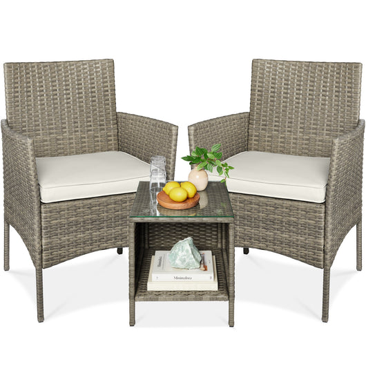 3-Piece Outdoor Patio Wicker Bistro Set w/ Side Storage Table