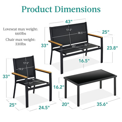 4-Piece Textilene Outdoor Conversation Set w/ Cushions, Table