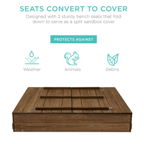 Kids Cedar Sandbox w/ Sand Screen, 2 Benches - 47x47in