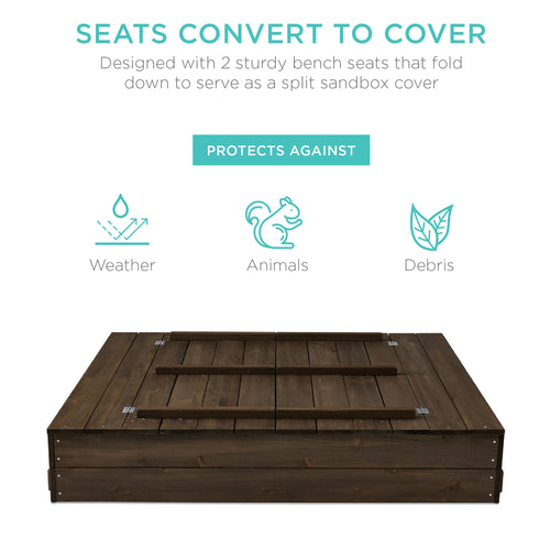 Kids Cedar Sandbox w/ Sand Screen, 2 Benches - 47x47in