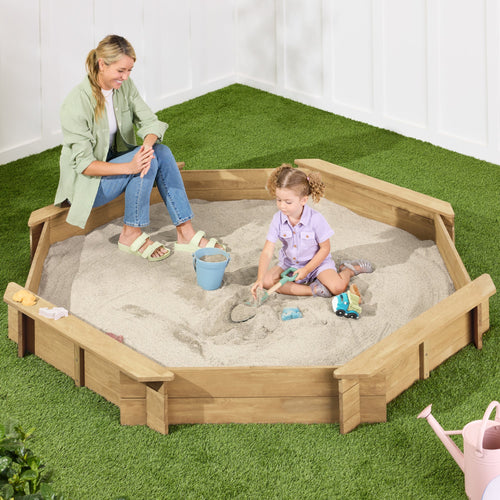 Kid's Wooden Octagonal Sandbox w/ Sand Cover, 4 Reinforced Benches, 8 Seats