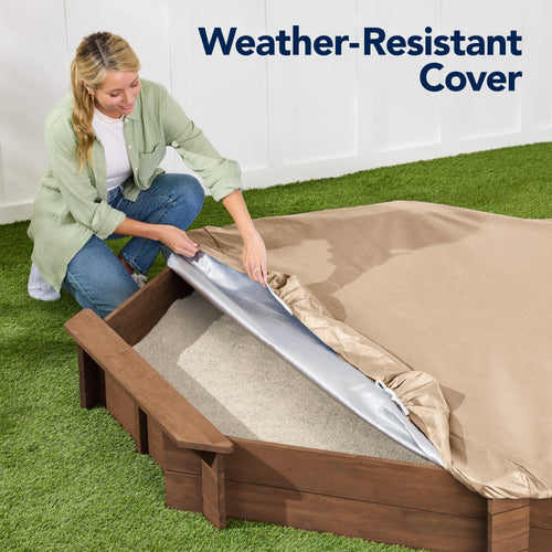 Kid's Wooden Octagonal Sandbox w/ Sand Cover, 4 Reinforced Benches, 8 Seats