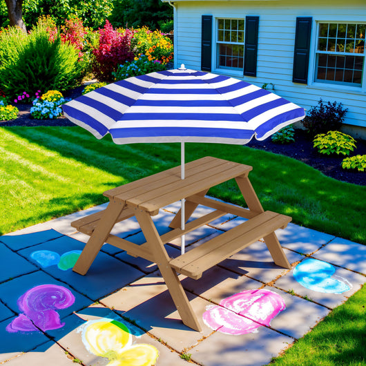 Kids Wooden Outdoor Picnic Table w/ Adjustable Umbrella, Built-In Seats