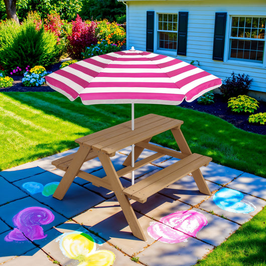 Kids Wooden Outdoor Picnic Table w/ Adjustable Umbrella, Built-In Seats