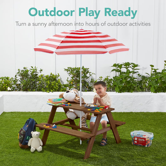 Kids Wooden Outdoor Picnic Table w/ Adjustable Umbrella, Built-In Seats