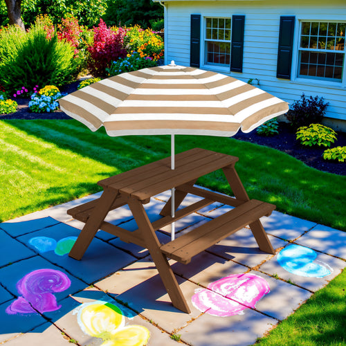 Kids Wooden Outdoor Picnic Table w/ Adjustable Umbrella, Built-In Seats
