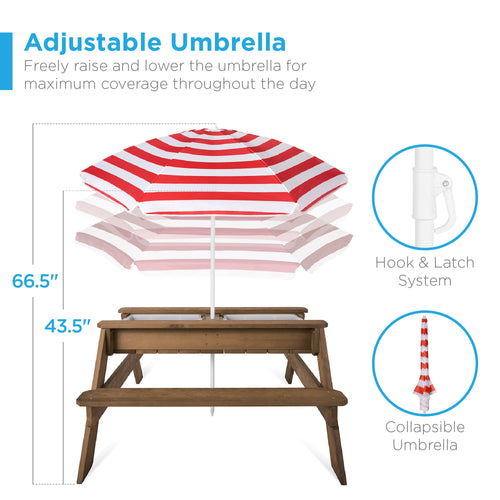 3-in-1 Kids Sand & Water Table Outdoor Wood Picnic Table w/ Umbrella