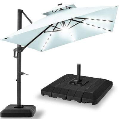 2-Tier Square LED Cantilever Offset Umbrella w/ 360 Rotation, Base - 10x10ft