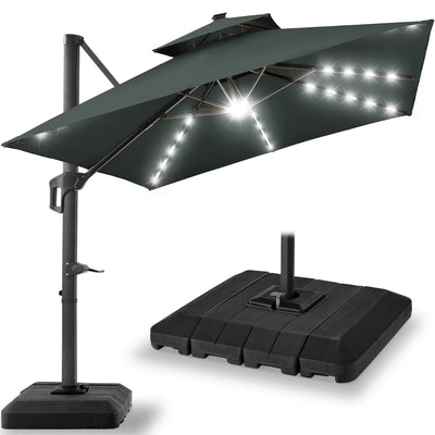 2-Tier Square LED Cantilever Offset Umbrella w/ 360 Rotation, Base - 10x10ft