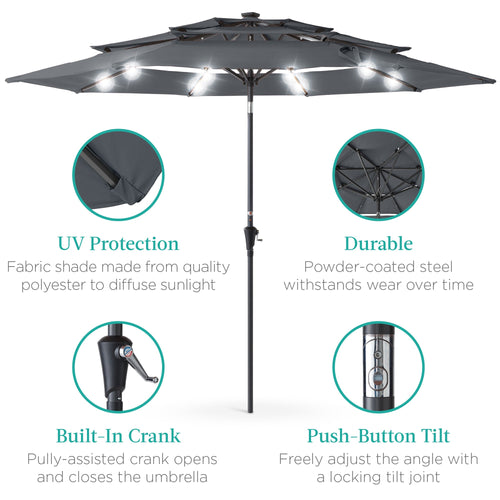 3-Tier Solar Patio Umbrella w/ LED Lights, Tilt Adjustment, Crank - 10ft