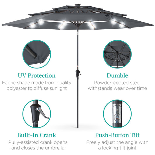 3-Tier Solar Patio Umbrella w/ LED Lights, Tilt Adjustment, Crank - 10ft