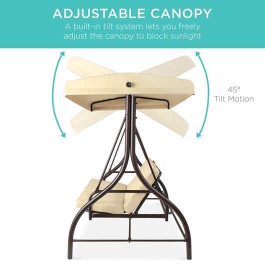 3-Seat Outdoor Canopy Swing Glider Furniture w/ Converting Flatbed Backrest