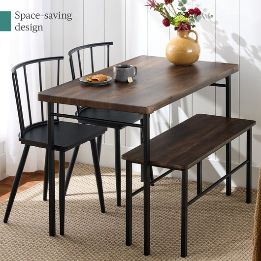 4-Piece Farmhouse Dining Table Set w/ 2 Black Spindle Chairs, Bench, Table