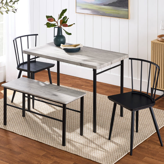 4-Piece Farmhouse Dining Table Set w/ 2 Black Spindle Chairs, Bench, Table