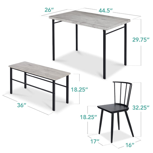 4-Piece Farmhouse Dining Table Set w/ 2 Black Spindle Chairs, Bench, Table