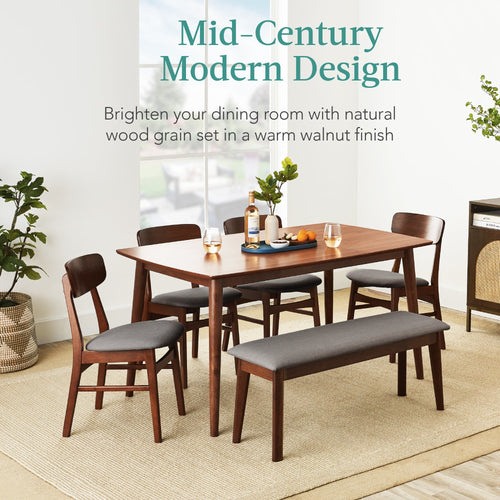 6-Piece Mid-Century Modern Upholstered Wooden Dining Set w/ 4 Chairs, Bench