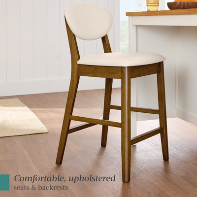 2-Piece Mid-Century Modern Wood & Upholstered Counter Height Bar Stool Set