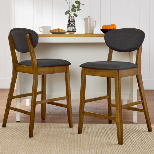 2-Piece Mid-Century Modern Wood & Upholstered Counter Height Bar Stool Set