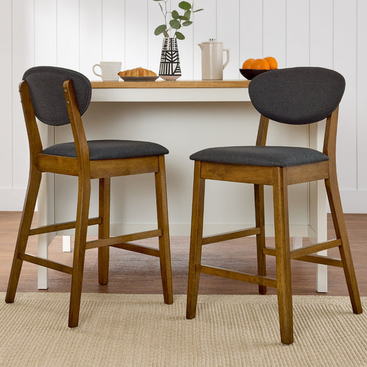 2-Piece Mid-Century Modern Wood & Upholstered Counter Height Bar Stool Set