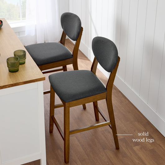 2-Piece Mid-Century Modern Wood & Upholstered Counter Height Bar Stool Set