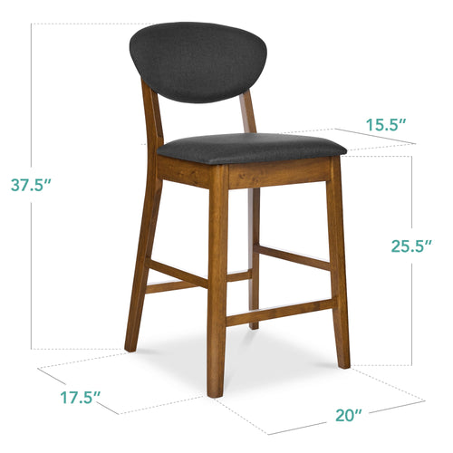 2-Piece Mid-Century Modern Wood & Upholstered Counter Height Bar Stool Set
